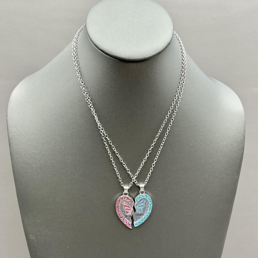 MJartoria Necklace Best Friends Butterfly Heart Rhinestone Womens Jewelry 18"